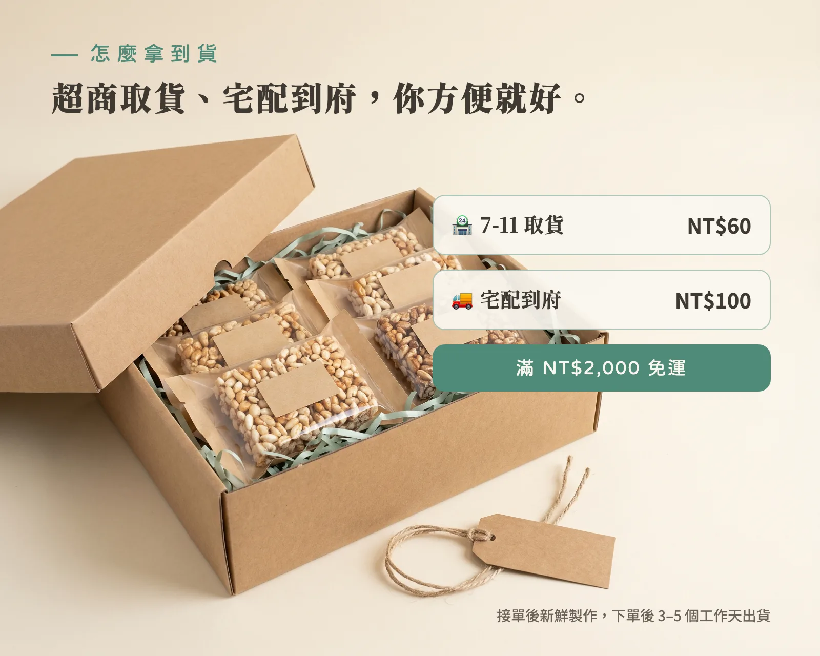 取貨方式：7-11 門市取貨 60 元、宅配到府 100 元，滿 2,000 免運。接單後新鮮製作，下單後 3–5 個工作天出貨。